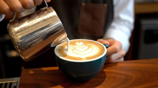 Close-Up of Barista Pouring Steamed Milk into Blue Coffee Cup to Create Intricate Latte Art Rosetta Pattern in Specialty Cafe Environment