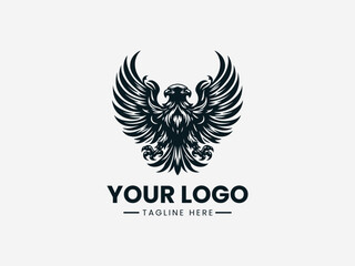 Obraz premium Black logo illustration of an eagle with outstretched wings on a white background with space for custom text.