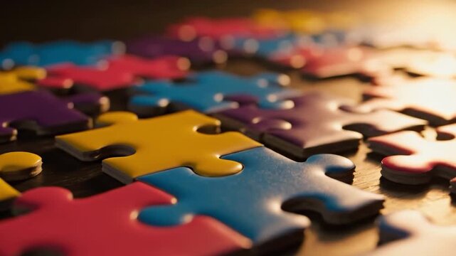 Colorful puzzle pieces on a wooden surface with a warm light