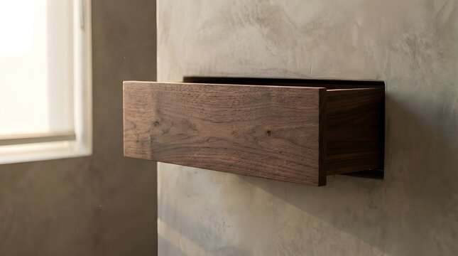 A single floating walnut drawer seamlessly integrated into a smooth micro-cement wall