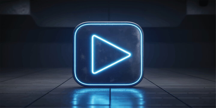 Glowing blue play button icon on dark tiled floor background  modern technology symbol