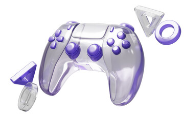 3d transparent wireless gamepad with purple buttons for console handle remote gaming controller. Clear joystick for video game, joypad with flying geometric shapes on grey background © marozhkastudio