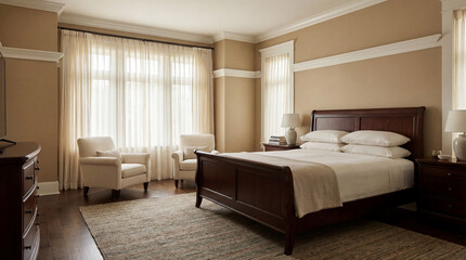Elegant Bedroom with Sleigh Bed and Armchairs
