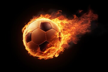 Fototapeta premium Intense glowing soccer ball engulfed in flames on black background, dramatic fiery football isolated with dynamic energy, perfect for sports posters and gaming concepts.