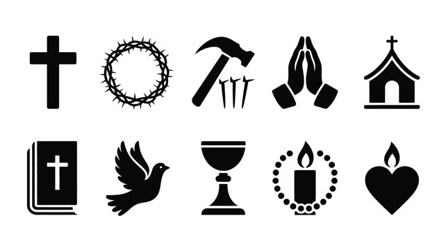Good friday religious icons set including cross crown of thorns prayer church holy book dove chalice candle and heart symbols in black silhouette on white background for easter or lent