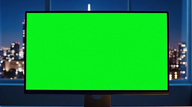 Green screen on office desk with city view at night.