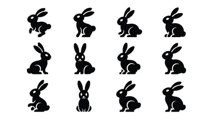 Fototapeta premium Minimal easter bunny silhouettes on white background various poses black vector icons easter celebration symbols holiday decorations and cute rabbit graphics