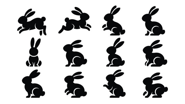 Collection of various black easter bunny silhouettes on white background icons for easter spring or holiday themes decorative rabbit shapes