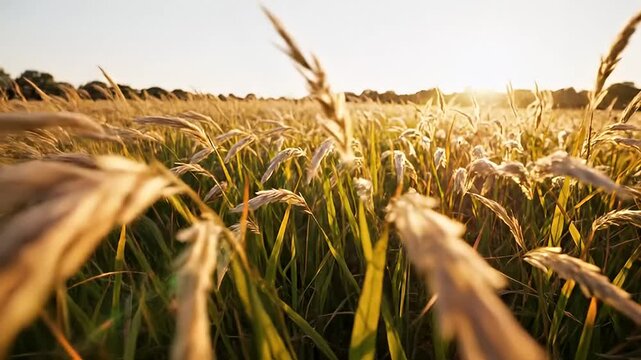 Golden wheat field at sunset.