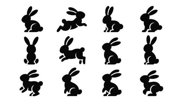 Collection of cute easter bunny silhouettes in various poses on white background for decoration and design