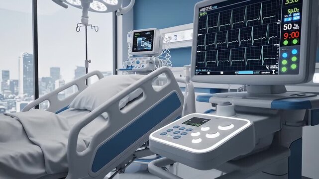 Hospital room with medical equipment inside.