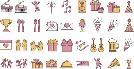 Colorful celebration icon set featuring party supplies like gifts piano music trophy cake pizza and drinks for events and birthdays © Creative_Solution