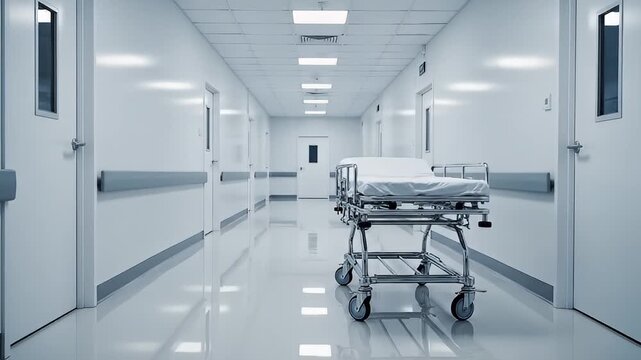 Hospital corridor with empty gurney bed.
