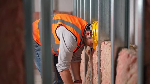Construction Site Worker Installing Pink Fiberglass Insulation Between Metal Studs for Soundproofing and Thermal Wall Protection