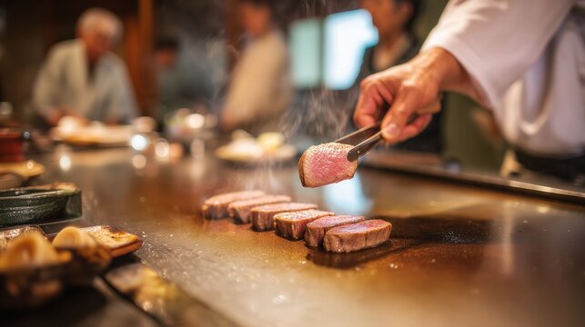 Chef skillfully cooking premium wagyu beef on teppanyaki grill in a high end restaurant, preparing a gourmet meal