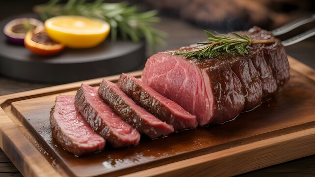 Brazilian picanha steak sliced, fat cap visible, churrasco style, skewered beef, charcoal grill, juicy texture, Brazilian steakhouse setting, high detail