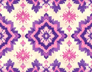 Repeated geometric design with purple and pink patterns on a cream-colored background