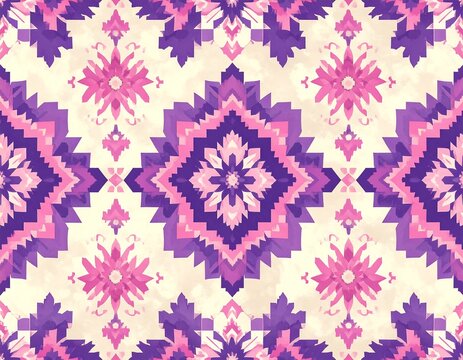 Repeated geometric design with purple and pink patterns on a cream-colored background