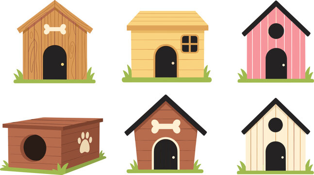 Flat vector illustration set of wooden dog houses including various pet shelters with bone signs paw prints and pitched roofs for outdoor animal home.