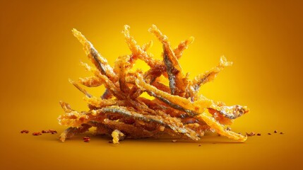 Ultra-realistic shot of a small cluster of crispy fried anchovies fish
