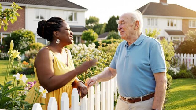 Diverse neighbors happily chatting over a white picket fence
