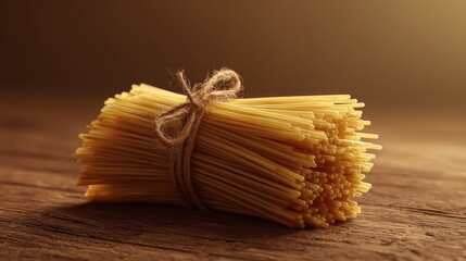 Ultra-realistic shot of a small, neat bundle of dry spaghetti pasta