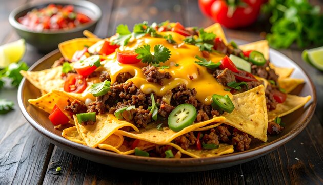 Nachos con carne picada, queso fundido y jalape&ntilde;os en plato r&uacute;stico sobre mesa de madera