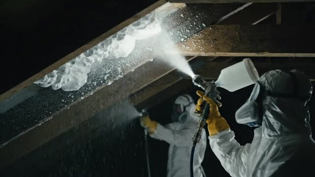 Professional Worker in Hazmat Suit Spraying Polyurethane Foam Insulation in Dark Attic Roof Space for Energy Efficiency