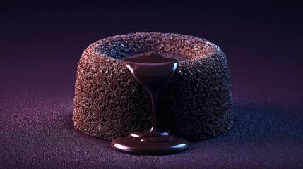 Ultra-realistic shot of a small, round molten chocolate cake