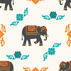 Royal indian elephant and floral motif seamless pattern for majestic mandir wall decor and cultural home interior wallpaper vector flat design. © The Flat Lab