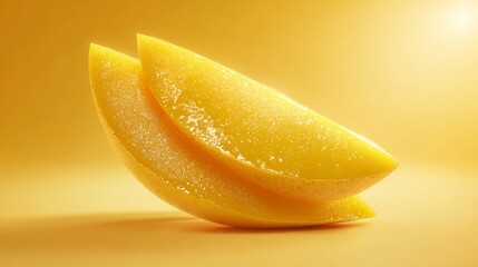 peeled slice of ripe mango golden yellow gradient background
