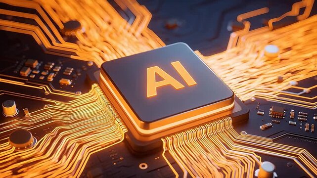 Futuristic AI chip with glowing 'AI' logo on advanced circuit board, symbolizing artificial intelligence, machine learning, and next-gen computing technology.