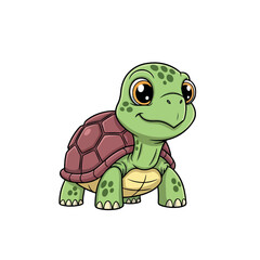 Fototapeta premium Cartoon illustration of a cute green turtle with a red shell and large eyes on a white background.