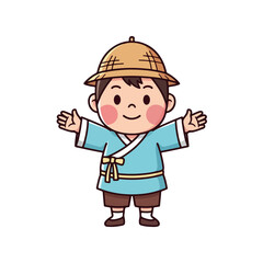 Obraz premium A cheerful cartoon boy wearing a traditional Korean outfit and a hard hat with arms outstretched against a clean white background.