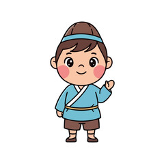Obraz premium Cartoon boy wearing a blue headband and traditional clothing waving on a white background with a cheerful expression.