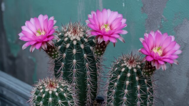 Beautiful pink cactus flowers blooming on a prickly green cactus against a textured wall