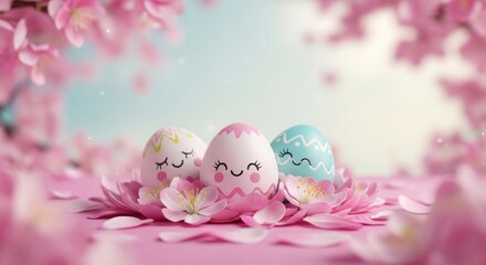 Three cheerful, smiling Easter eggs rest nestled in pink cherry blossom petals under a bright sky.