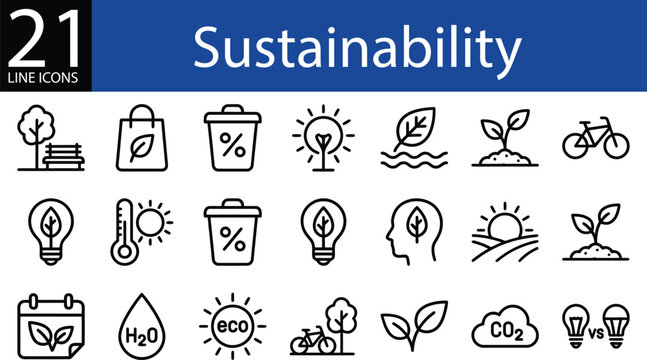 Sustainability line icon set in minimalist style, eco-friendly living, renewable energy, recycling, nature conservation, and climate action
