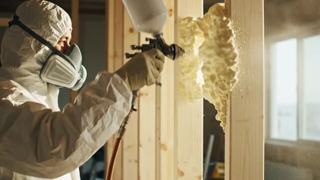 Professional Applying Expanding Polyurethane Spray Foam Insulation to Interior Wall Studs in New Construction