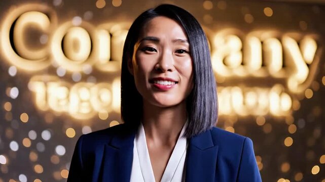 Woman in a blue blazer and white blouse smiling in front of a lit-up sign