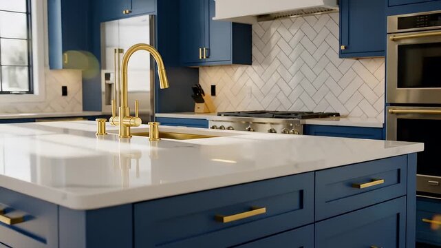 Modern kitchen with blue cabinets gold.