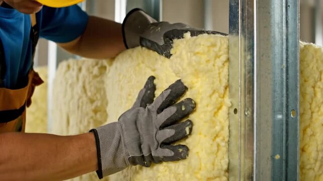 Professional construction worker installing fiberglass insulation panels into a metal stud wall frame inside a building during a renovation project.