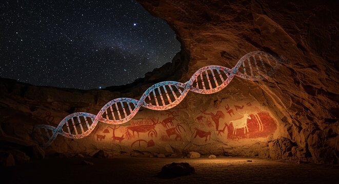 A stunning digital artwork of a DNA double helix structure floating in a cave with ancient rock paintings under a starry night sky.
