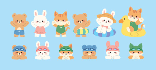 Fototapeta premium Cute animal characters enjoying summer vacation with swimsuits and tubes