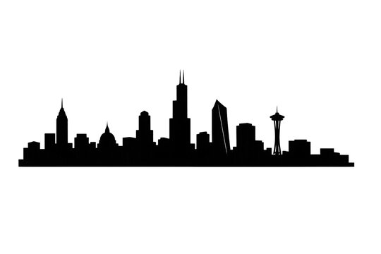 Famous us city silhouette with new york, chicago, and seattle landmarks, urban skyline vector icon on transparent background