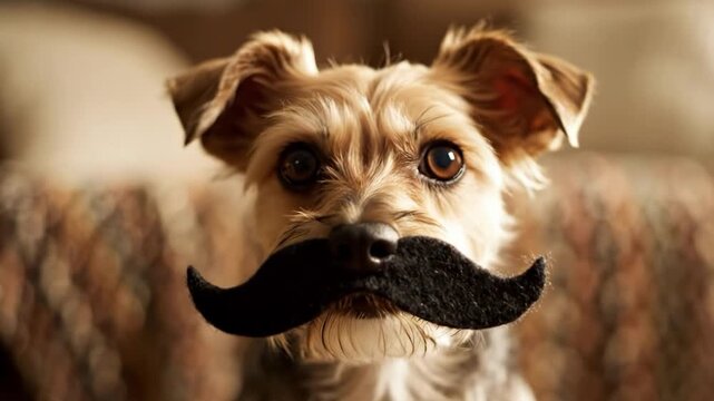 A small dog with a fake mustache on its face sitting on a couch