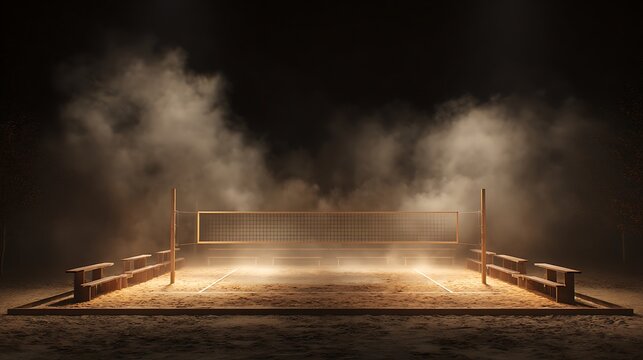 Illuminated beach volleyball court at night, with sand, benches, and fog