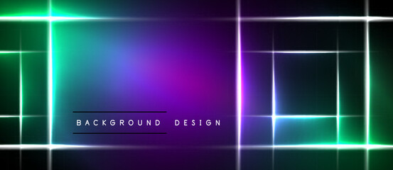 Fototapeta premium Vibrant neon lights create abstract geometric patterns. Dark background emphasizes glowing rectangles, squares, gradients. Modern design element.