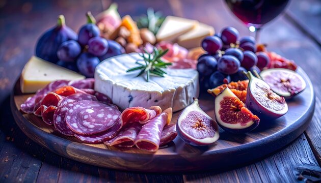 Tabla gourmet nocturna con quesos, salami, uvas e higos acompa&ntilde;ada de copa de vino tinto