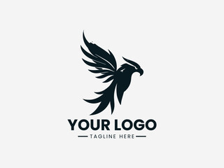 Obraz premium Black silhouette logo of a bird in flight with 'YOUR LOGO' text and tagline on a white background